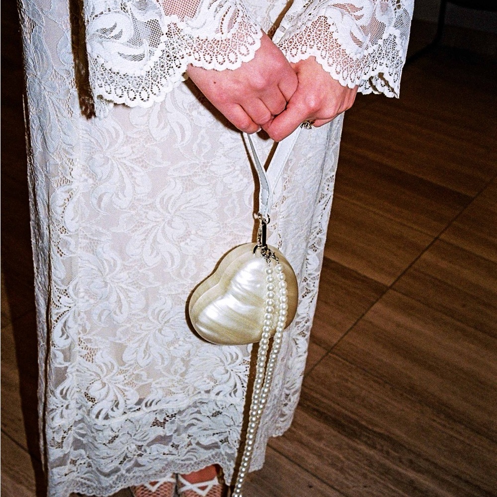Chic Ivory Heart Clutch with Pearl Strap